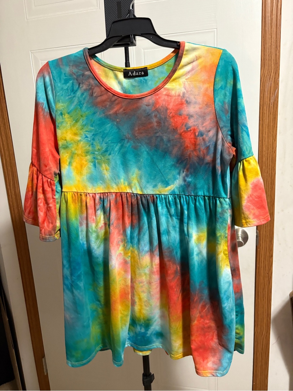 Women's Multi-Color Tie-Dye Flutter Tunic Top - Teal Mix